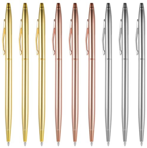 9 Pcs Slim Metal Ballpoint Gold Pink Silver Pens, Retractable Black Ink 1mm Stainless Steel Metallic Retractable Pens for Business, Office, Students, Teachers, Weddings, Christmas
