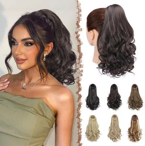 FESHFEN Zopf Pferdeschwanz Haarextension mit kordelzug, 38 cm Wellig Lockig Synthetik Haarverlängerung Clip in Haarteil Ponytail Kunsthaar Haarzopf für Damen, Schwarz Braun