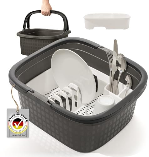 Hausfelder Camping Spülset – Spülwanne mit Henkeln & Abtropfgitter aus Kunststoff – leicht, robust für Outdoor-Küche & Wohnmobil (Anthrazit Schwarz Weiß, Wanne 16L + Abtropfgestell)