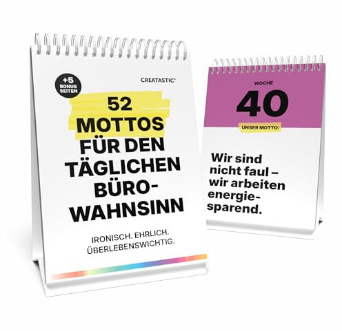 Creatastic - Büro Sprüche Kalender, undatiert - DIN A6, 52 Büro Mottos, 5 Bonus Seiten - Abschiedsgeschenk Kollegen, jede Woche ein neues Motto, Geduldsfaden Tischkalender 2026