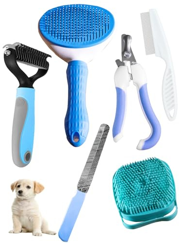 6ps Dog Cat Brush Grooming Kitf, Dog Cat Brushes, Bath Brush, Dematting Rake and Comb, Nail Clipper, Nail File, Flea Comb (Blue 6 Kits)