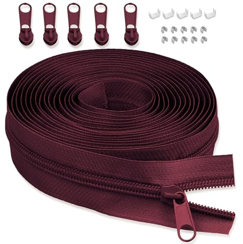 LHZHLE 5mm Endlosreißverschluss Mit Zipper: 3.65m Dunkelrot Nylon Reissverschluss - Meterware mit 5 Reißverschlusszügen für Nähen Bettwäsche und Kopfkissen