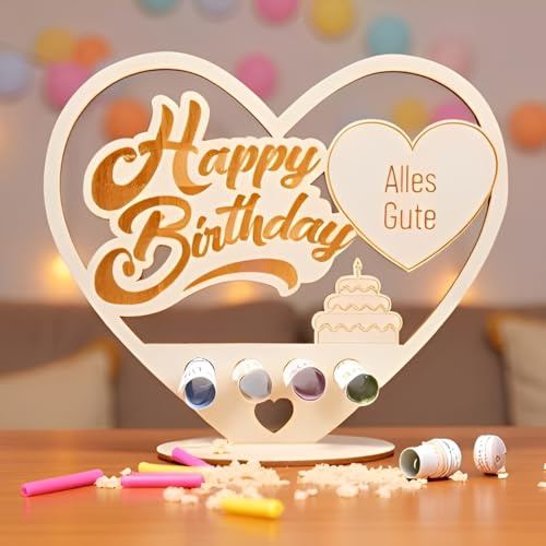 packra Geldgeschenk Geburtstag Herzform, Geldgeschenke Geburtstag Holz-Schild Gästebuch für 10-90 Jahre, Geburtstag Geschenk mit Happy Birthday Kuchen, Personalisierbares Geschenk Geburtstag Deko
