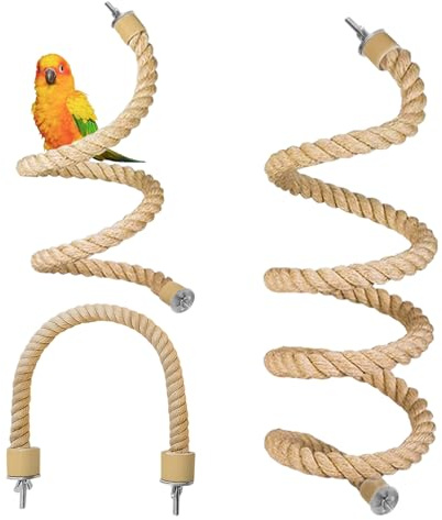 3-teiligesVogelseil-Sitzstange,biegbar Naturjute-Vogelseil mit Kiefernholz,Kletterseil, Schaukel, Spielspielzeug für Vogelkäfige, Pfotenschleif Steh- und Kletterstange für Papagei, Wellensittich