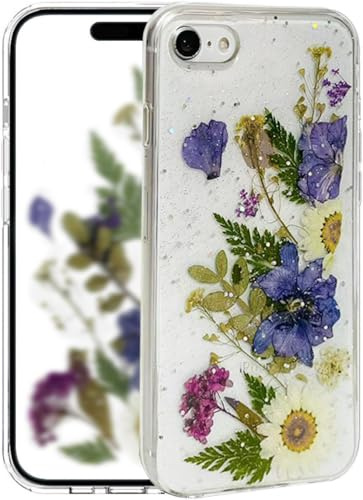 Riccase for iPhone 7/8/SE 2020/SE 2022 Case Clear with Real Dried Flower, Shockproof Transparent Soft TPU Protective Bumper Slim Glitter Cute Floral Phone Case, Purple Flower