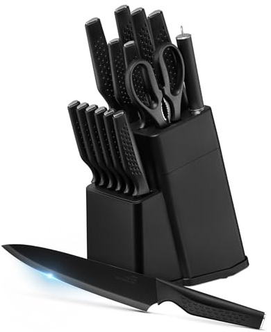 Onader Kitchen Knife Set with Block, 15Pcs Stainless Steel Sharp Knife Set | Professional Knives Block Tools with Honing Steel, Versatile for Cutting, Chopping, Slicing, Easy Clean & Heavy-Duty, Black