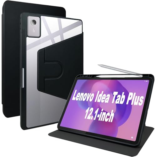 Haofun Custodia Compatibile con Lenovo Idea Tab Plus, Cover Protettiva Girevole a 360 Gradi con Supporto Pieghevole/Fessura per Penna, Pelle PU + Custodia in Acrilico Trasparente, Nero