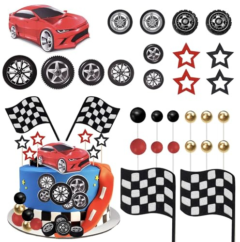 SYKYCTCY 27 Pack Red Racing Birthday Cake Toppers Ball Cake Topper Grid Flag Tire Birthday Cake Decoration Baby Shower Party Racing Theme Decoration Supplies