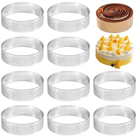 Sirxlevcy 10Pcs Circular Tart Rings with Holes Stainless Steel Fruit Pie Quiches Cake Mousse Mold Kitchen Baking Mould 7cm