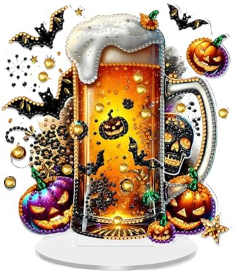 Halloween Beer Mug Diamond Art Painting Ornaments Kit, Single Sided Acrylic Decor with Sparkling Rhinestones, 5D Full Drill Tabletop Art for Desktop, Office, Bedroom, Unique Gift for Halloween