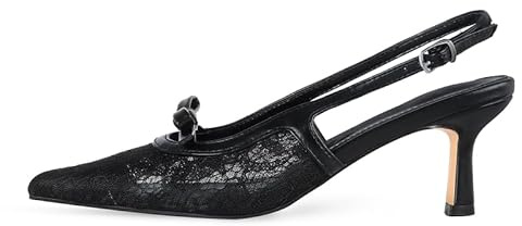 MAVMAX Slingback Mesh Lace Heels for Women Kitten Heels Pumps with Buckle Bow Tie Pointed Close Toe Dress Casual Office Party Shoes,Mesh Black,US7.5