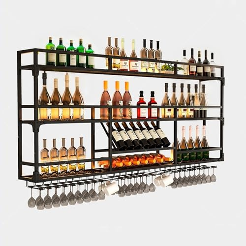 Portabottiglie da parete in metallo con supporto per bicchieri, mensola galleggiante nera per vino moderno bar liquori vino in ferro per cucina e decorazione domestica (200 cm)