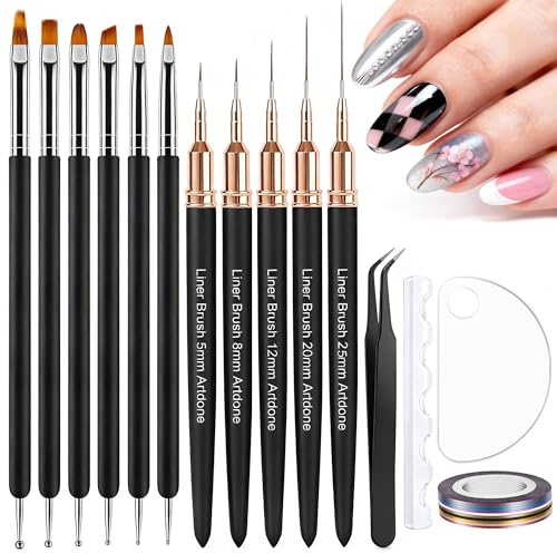 Artdone Nail Tape Lines Kit with Nail Art Markers Dotting Tools and Eyeliner Brushes for Gel Nail Polish, Small Detail Drawing and Painting