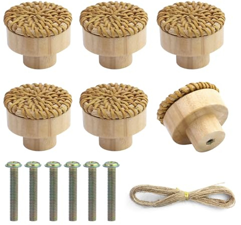 6 Stück Rattan Möbelknöpfe, 40mm Schrankknöpfe Boho Deko, Möbelknöpfe Holz Schubladengriff, Holzknöpfe Schrank, Schrankknöpfe fur Kinderzimmer, Vintage Schubladenschrank Holz Griffe für Möbel