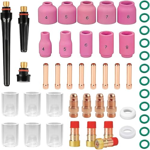 49 Stück für Wig Welder Stahlwerk Schweißgerät Zubehör AC DC, Schweißgeräte für TIG Brenner Zubehör Schlauchpaket WP-17/18/26, Welding Machine Keramikdüsen Gasdüsen Wolframnadel Verschleißteile