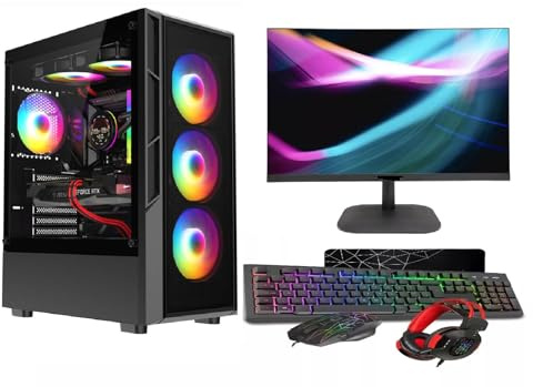 ASC Gaming PC Bundle: AMD Ryzen 5 5500, 16GB RAM, 1TB SSD NVME, GT730 4GB Graphics, Windows 11, 22 Monitor, Black RGB 6 Fan Glass Gaming Case.