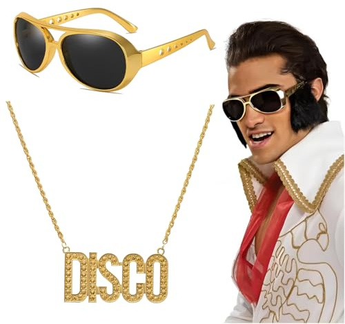YUPZAR 2 Stück Fette Gangster Kette & Brille Gold 70er 80er 90er Rapper Hiphop Kostüm Bad Taste für Cosplay Fasching Karneval Thema Party Halloween