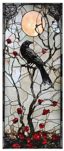 Sichtschutzfolie für Buntglasfenster, 18 x 39, doppelseitig, Gothic-Fensterfolie, Rabe, Mond, Beerenranken, statisch haftender Aufkleber für Halloween, Heimdekoration, Buntglas