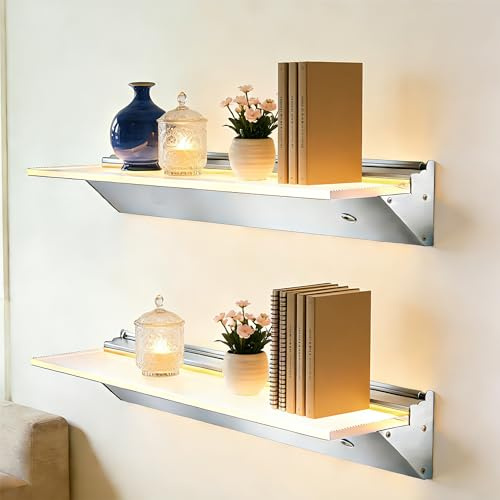 SUNXURY Wandregale 90cm Schwebende Regale, Ausstellungsregal mit beleuchtetem LED-Licht, 3 Farbe modi, Leuchtregal aus Satiniertes gehärtetes Glas, Sensorgesteuert, 2 Stück an der Wand montierte, Weiß