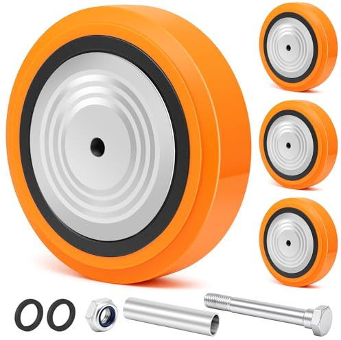 Humagineer Ruote di Ricambio 200x50 mm (8 x 2) per Carichi Pesanti, Poliuretano, Portata 2000 kg, Doppi Cuscinetti con Parapolvere, Foro 12,7 mm (1/2), per Grandi Strumenti, Apparecchi, Set di 4