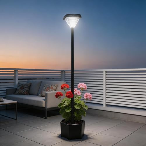 Solar Lamp Post with Planter 150cm, Tall Garden Lights Outdoor IP44 Black | 59in Floor Standing | Cold/Warm LED | Dusk-to-Dawn | Pathway Driveway Decor