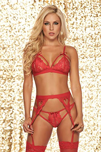 Mapale Lingerie Heart Lace Bra Thong and Garter Set (Red) (UK 6-10)