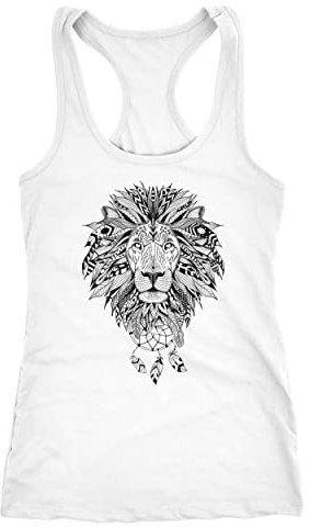 Neverless Damen Tank-Top Zentangle Löwe Lion Atzekenmuster Boho Bohamian Atzec Federn Traumfänger weiß L