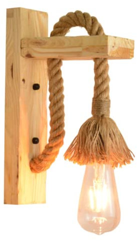Lampada da parete vintage Lampada da comodino in corda di canapa Base in legno Applique da parete retrò Applique da parete decorativa per soggiorno Loft Ristorante Corridoio