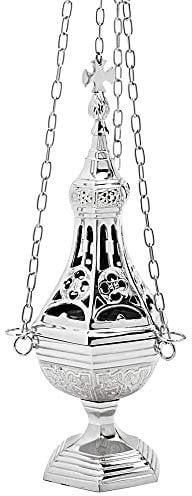 NKlaus Weihrauchfass 31cm hoch Räucherfass Weihrauchfass mit Kette 70cm lang Räucherschwenker Messing vernickelt Schwenker für Weihrauch Räucherwerk Räuchermischung Handarbeit 2856