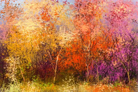 adrium Tableau 50 x 30 cm : peinture à l'huile Paysage - Arbres d'automne colorés. Image semi-abstraite de la forêt, arbres avec feuille jaune et rouge. Automne, saison d'automne (61621413)