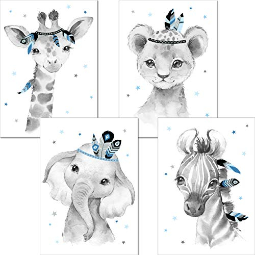 LALELU-Prints Bilder Kinderzimmer Poster Babyzimmer Deko Mädchen Jungen Kinderbilder Set Kinderzimmerbilder (Indianer blau A3 4er Set)