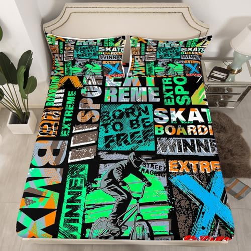 Bmx Bedding Set, Skateboard Trippy Urban Street Culture Brick Wall Grunge Gradient Graffiti Bicycle Fitted Sheet, Decorative 2 Piece Sheet Set With 1 Pillow Sham, Twin Size, Teal Yellow Black