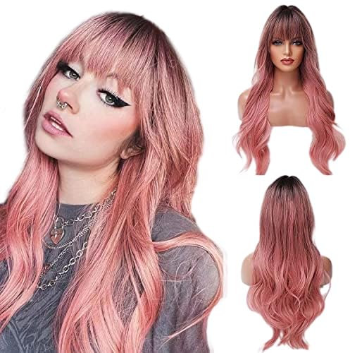 Lange gewellte Perücken mit Bang Ombre Pink Perücken für Frauen, hitzebeständige synthetische Perücken mit dunkler Wurzel für Alltag/Party/Cosplay (26 Zoll, Ombre Pink)