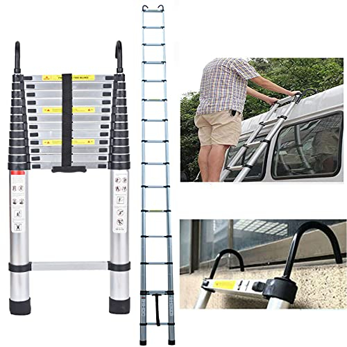 Teleskopleiter mit Haken für Büro Haus Loft gerade Leiter Aluminium Mehrzweck Verlängerungsleiter mit Anti-Rutsch-Fuß-Pads und Sicherheitssperre Last 150kg - Platz sparen 5M (16.5FT)