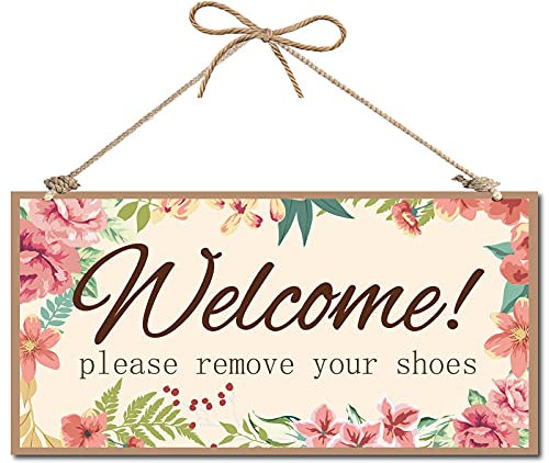 CREATCABIN Bienvenue Veuillez Retirer Vos Chaussures Panneau Décoratif en Bois Décoration D'Intérieur Panneau en Bois Plaque Suspendue Art Mural Panneau Porte en Bois pour Jardin Maison 12 x 6 pouce