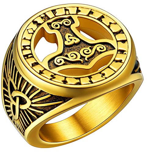 FaithHeart Martillo de Thor Mjolnir Anillo Dorado Acero Inoxidable 316L Hombre Cuervo Odin Runas Joyería Vikinga Talismán Anillo Ancho Punk Talla 10
