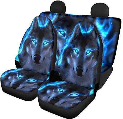chaqlin Neon Blaue Wolf Autositzbezüge + Rückenlehnenbezug hinten + Sitzbezug hinten Autositzbezüge Komplettset mit 4 Teilen Niedliches Faultier Autozubehör, Universal-Passform