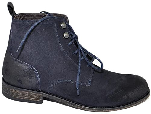 Anfibi Stivali Uomo n02 LS luisantiago Vera Pelle Scamosciata Blu Spazzolato Ganci Antracite Suola Cuoio Retro' Dandy (43 EU)