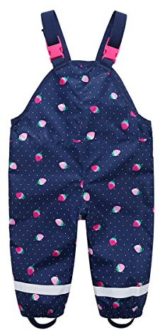 DAWILS Kids Rain Trousers Boys Bib Pants Waterproof Overall Trousers Girls Mud Pants Waterproof Dungarees Childrens Strawberry Rain Pants Toddler Puddle Suit for Outdoor Play 1-2 Years Navy Blue