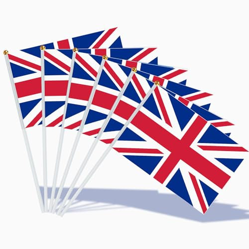 AhfuLife Union Jack Stick Flag, 15/30/100 Stück Hand Britische Kleine Flaggen mit 30 cm Weißer Stange für Feiern Queen's Platinum Jubilee Pub BBQ Royal Events Party Deko (20 x 28 cm, 30 Stück)