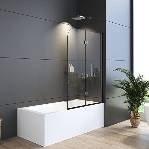 WDWRITTI Duschwand für Badewanne 110 x 140 cm Faltbar 2-teilig, Schwarz Duschtrennwand aus 6mm ESG Sicherheitsglas mit Nano Beschichtung, Duschabtrennung für Badewanne