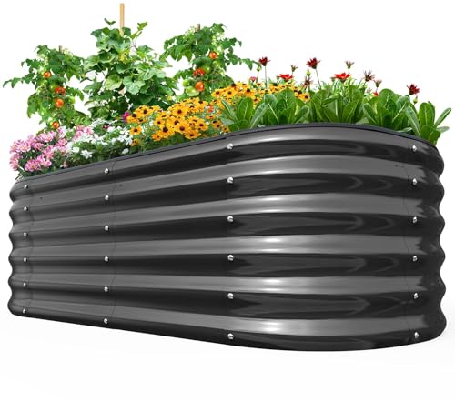 Quictent Verzinktes hohes Hochbeet-Set, 1.8x0.9x0.5 m, oval, großer Pflanzkasten, für Gemüse im Freien, doppelt verstärkt durch vertikale Stange und Querstange mit Auskleidung (dunkelgrau)