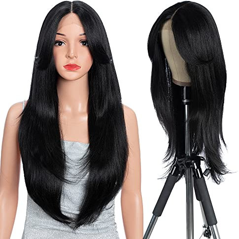 Style Icon Curtain Bangs Perücke Synthetische Lace Front Perücke Schwarz T Part Lace Long Layered Wave Perücken für Damen 26 Zoll (1B)