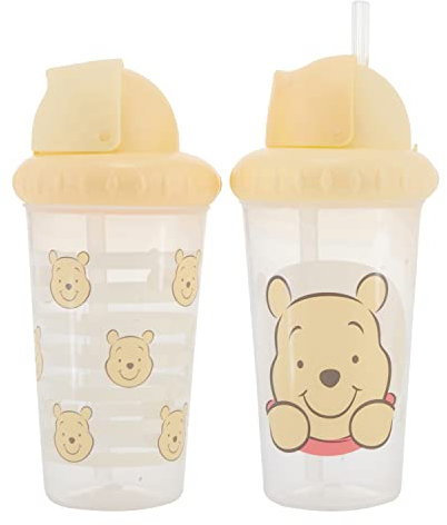 Disney Vasos para niños y niñas | Paquete de dos vasos para beber de 10 onzas con popote y tapa | Botella de agua de viaje duradera a prueba de fugas azul para niños pequeños