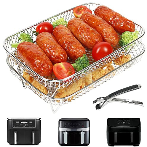 YQL Enlarge Air Fryer Rack with Anti-Burn Clip for Ninja Foodi Max Dual Zone AF400UK/Double Stack XL SL400UK, 304 Stainless Steel 2-Layers Air Fryer Accessories for Tower/Instant/EMtronics Dual Basket