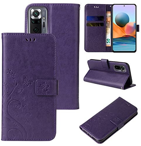 LBH Handy Hülle für Xiaomi Redmi Note 10 Pro Case Handytasche Schmetterling Blumen Flower Standfunktion Schutzhülle Magnet Rundum Schutz 360 Grad Flipcase Cover Violett