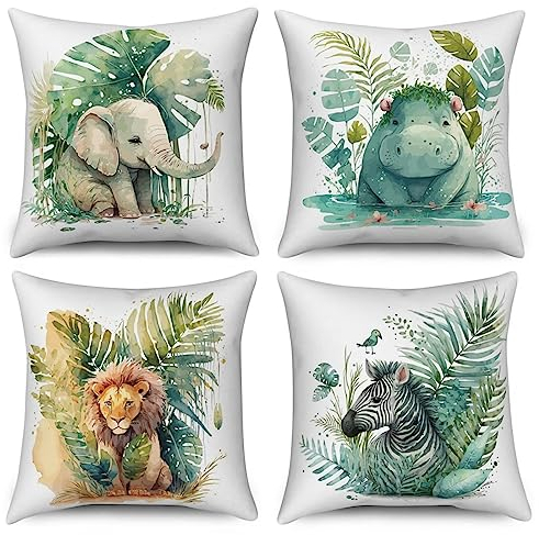 ZANHOG 4Er Set Kissenbezug 40x40cm Samt Kissenbezüge Grüner Elefant Dekorative Kissenhülle mit Vertecktem Reißverschluss Outdoor Kissenhuellen für Sofakissen Schlafzimmer Wohnzimmer