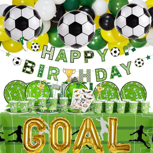 SUNBEAUTY 120 Stück Fussball Geburtstag Deko Set, Happy Birthday Banner, Tortendeko Pappbecher, Pappteller, Strohhalme, Tischdecke, Ballon Girlande für Kinder