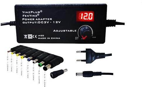 FExYinz 36 Watt DC 3V Anschluss 12V Ausgangsspannung einstellbar AC DC Netzteil mit Digital Tube Display und 8 in 1 Multifunktionaler DC Stecker Konverter