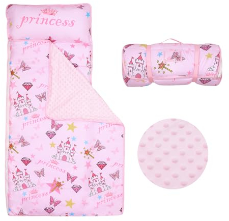 Schlafsack Kinder mit Kopfkissen Reißverschluss, Faltbare Kinderschlafsack mit Kissen Abnehmbar für Mädchen Jungen, Leicht Reinigen Schlafsack für Outdoor Indoor Camping, 150×60cm Rosa Schloss